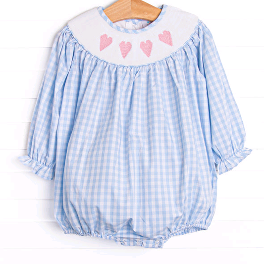 Baby Girls Blue Checked Hearts Valentine Ruffle Rompers Preorder