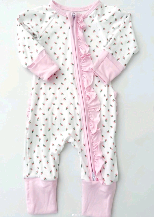 Baby Girls Pink Flowers Plaid Ruffle Zipper Footie Rompers Preorder