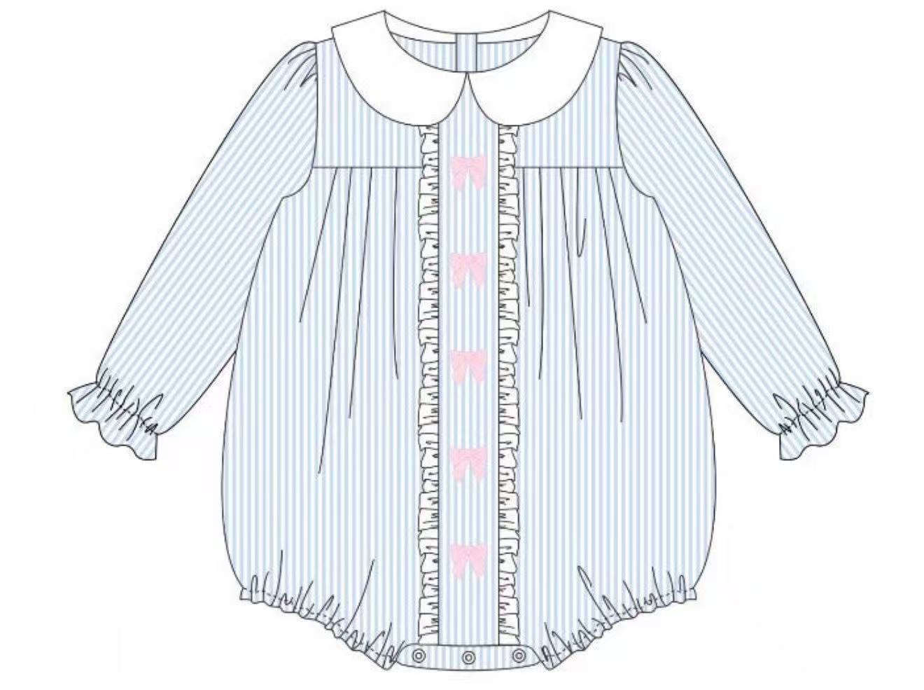 Baby Girls Blue Stripe Bows Valentine Ruffle Rompers Preorder