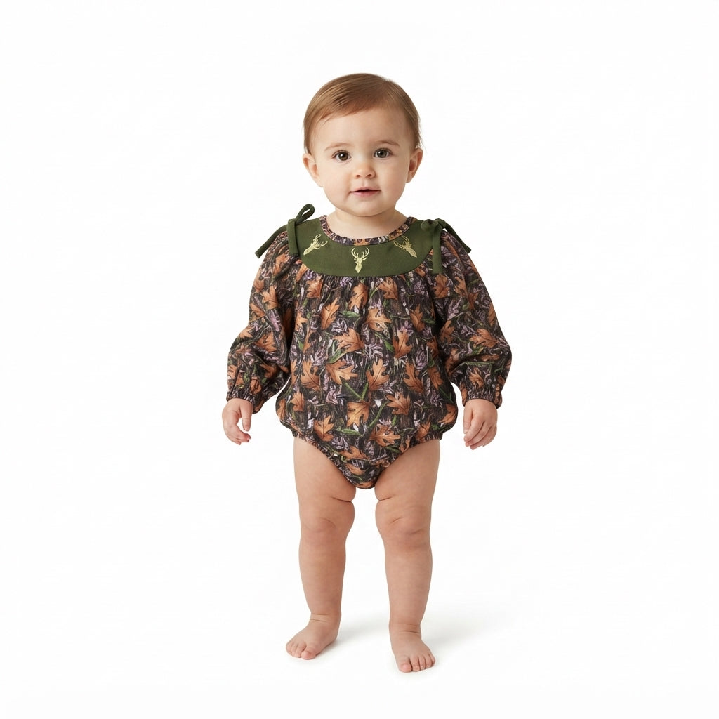 Embroidery Deer Baby Girls Green Leaves Camo Hunting Bows Romper