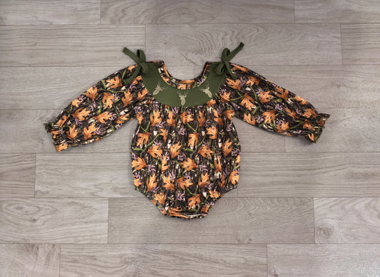 Embroidery Deer Baby Girls Green Leaves Camo Bows Hunting Rompers Preorder