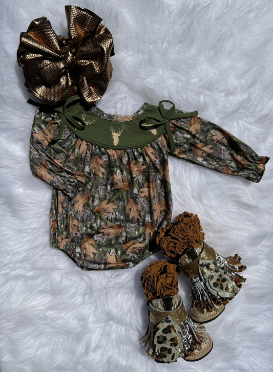Baby Girls Green Leaves Camo Deer Bows Western Ruffle Rompers Preorder