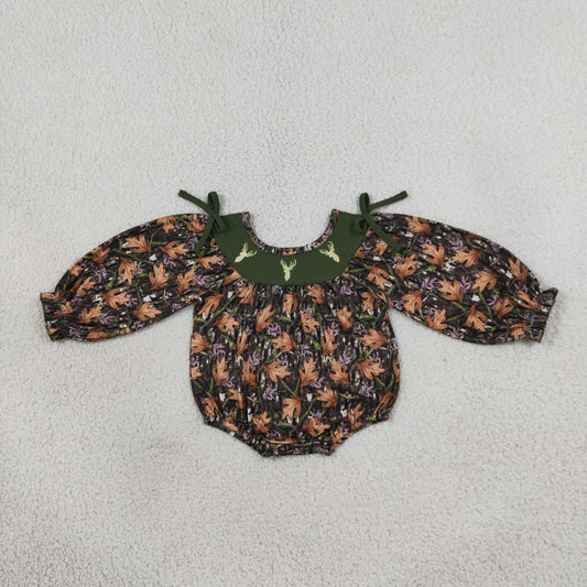 Embroidery Deer Baby Girls Green Leaves Camo Hunting Bows Romper
