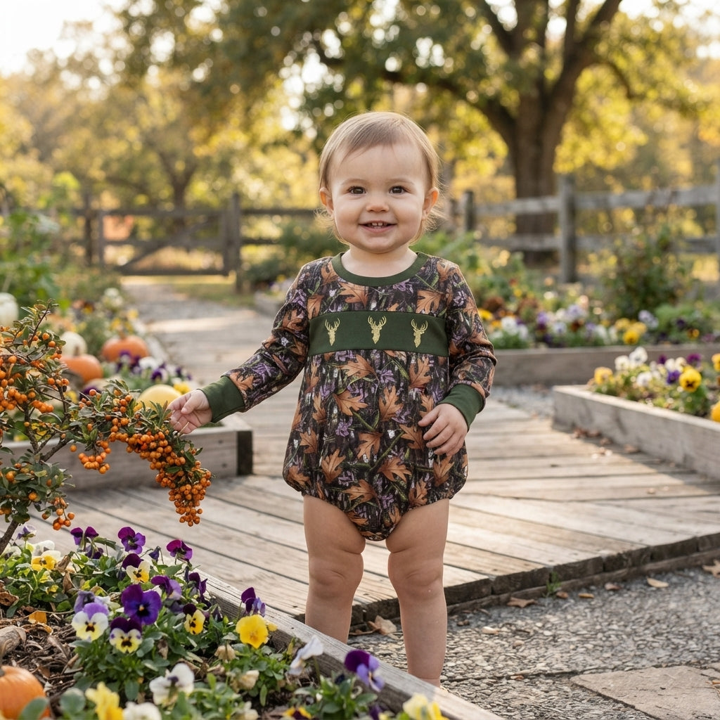 Embroidery Deer Baby Boys Green Leaves Camo Bows Hunting Rompers