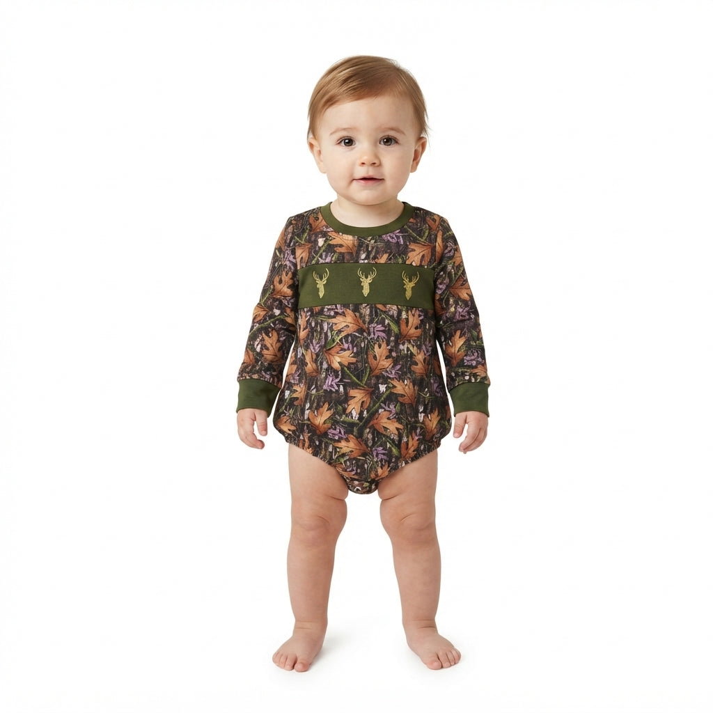 Embroidery Deer Baby Boys Green Leaves Camo Bows Hunting Rompers