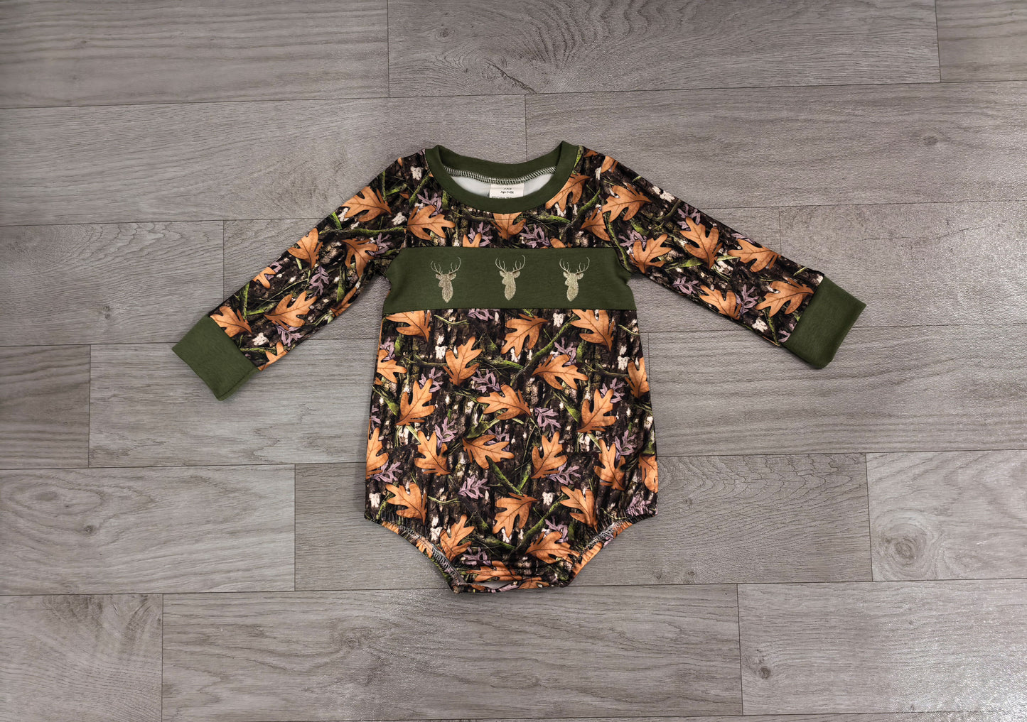Embroidery Deer Baby Boys Green Leaves Camo Bows Hunting Rompers Preorder