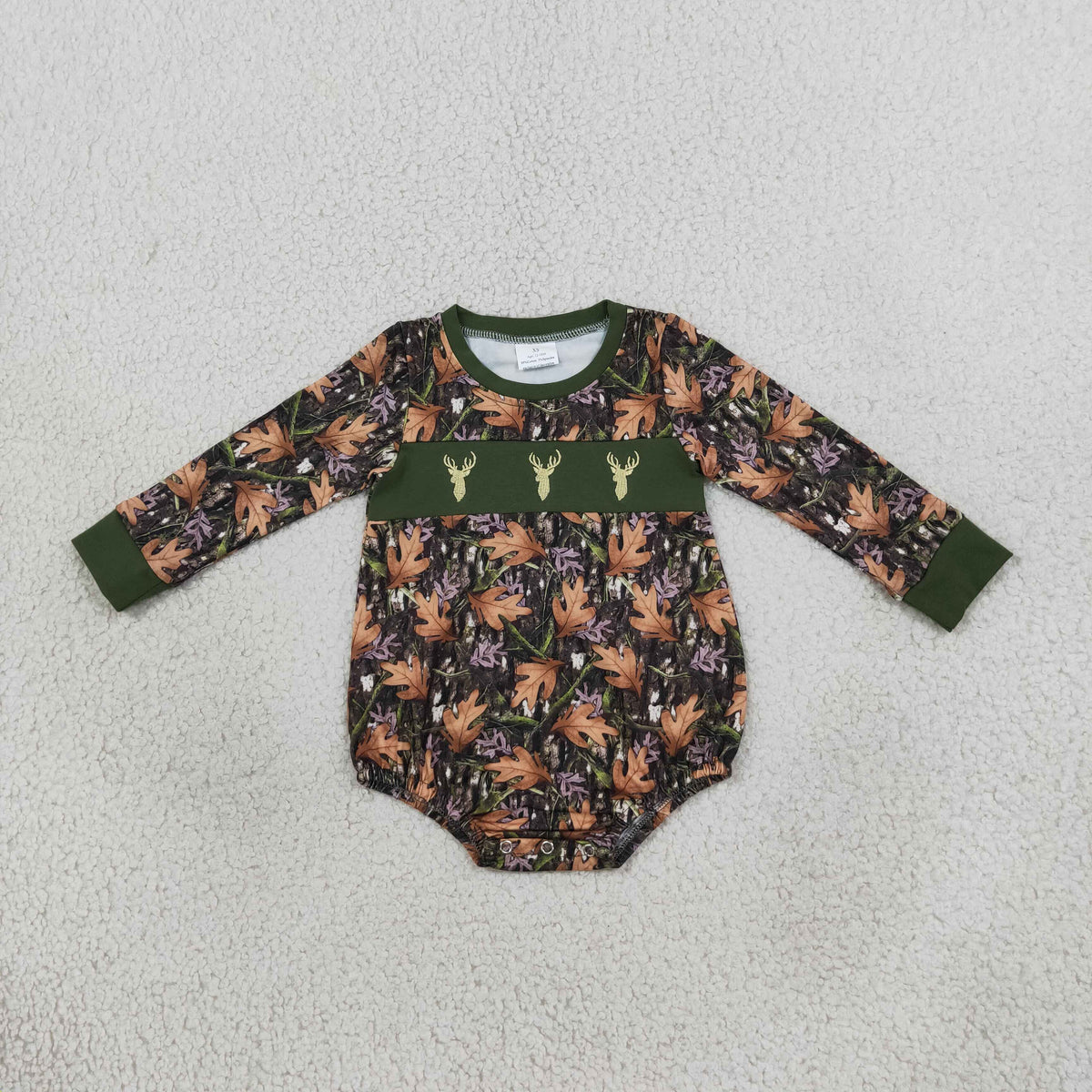 Embroidery Deer Baby Boys Green Leaves Camo Bows Hunting Rompers