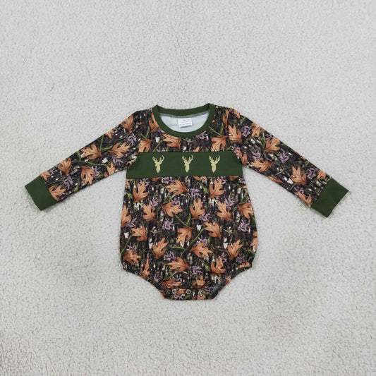 Embroidery Deer Baby Boys Green Leaves Camo Bows Hunting Rompers