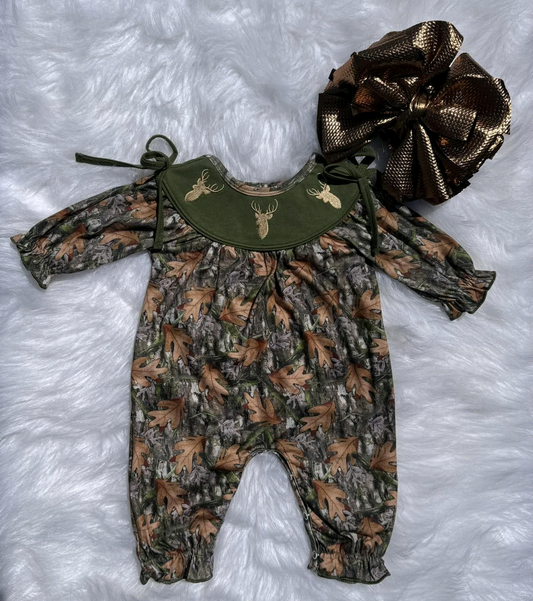 Baby Girls Green Leaves Camo Deer Bows Western Ruffle Footie Rompers Preorder