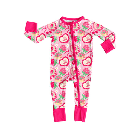 Baby Girls Pink Bows Strawberry Flowers Zipper Footie Rompers Preorder