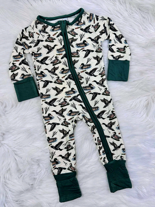 Baby Boys Green Ducks Calls Plaid Zipper Footie Rompers Preorder