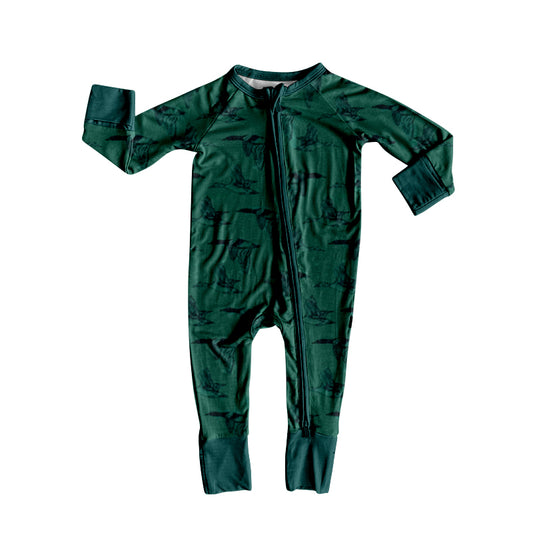 Baby Boys Dark Green Ducks Plaid Zipper Footie Rompers Preorder