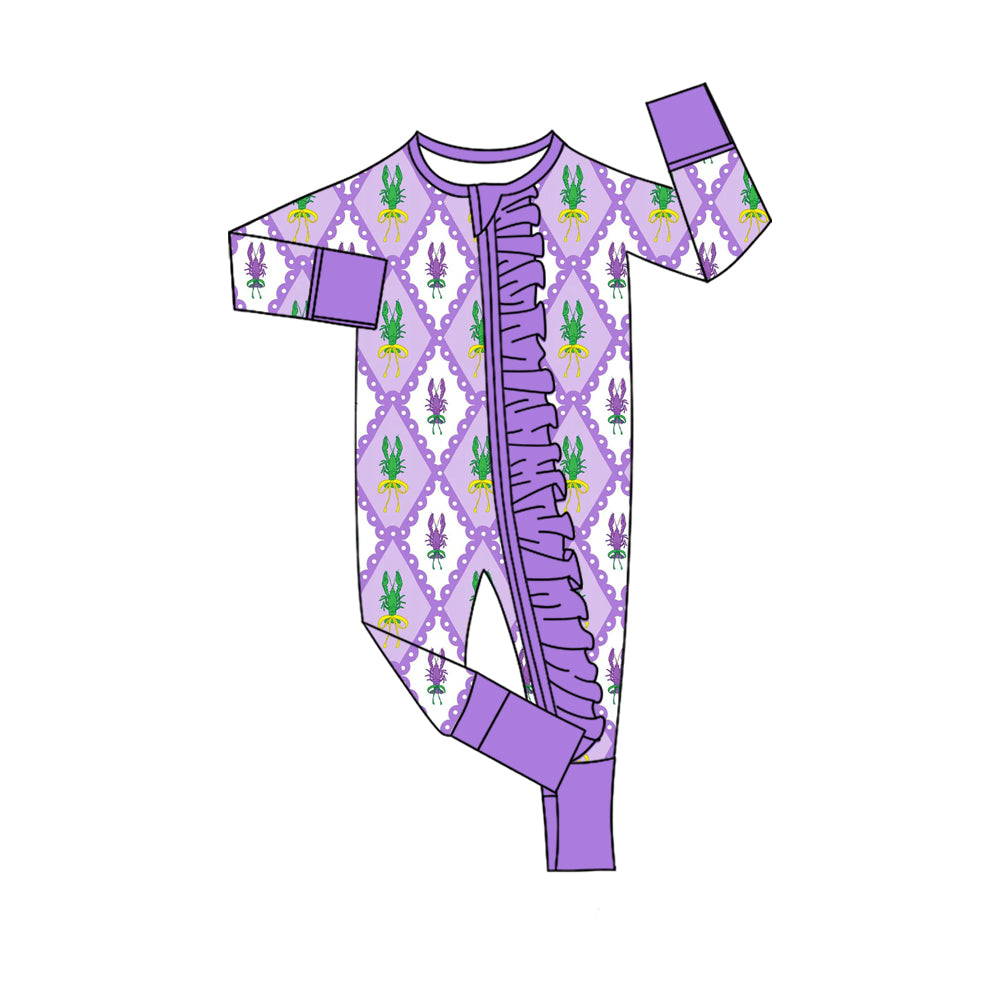 Baby Girls Purple Checked Crayfishes Mardigras Ruffle Zipper Footie Rompers Preorder