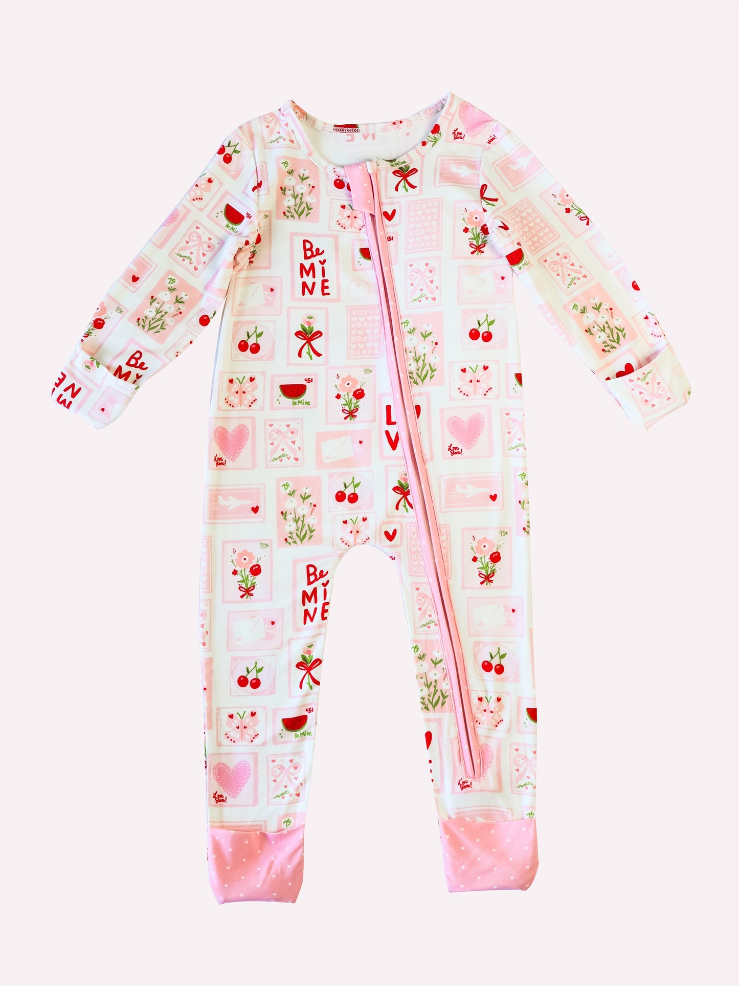 Baby Girls Pink Flowers Hearts Checked Valentine Zipper Footie Rompers Preorder