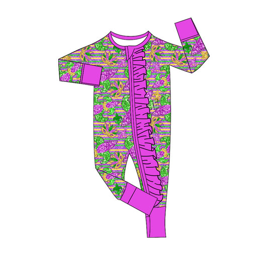 Baby Girls Stripe Anchors Masks Mardigras Ruffle Zipper Footie Rompers Preorder