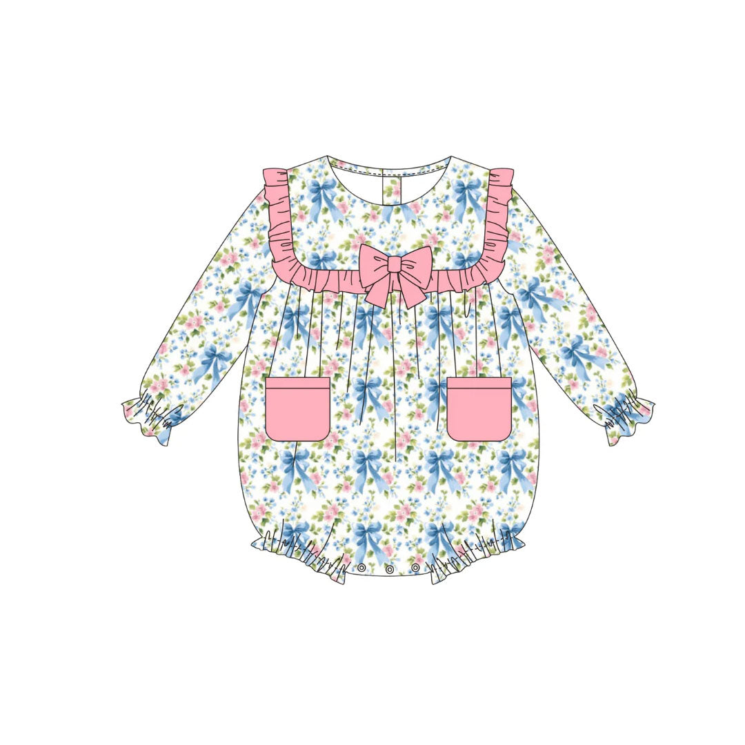 Baby Girls Long Sleeve Bows Floral Pockets Ruffle Rompers Preorder