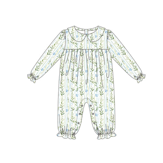 Baby Girls Long Sleeve Green Blue Flowers Stripe Ruffle Footie Rompers Preorder
