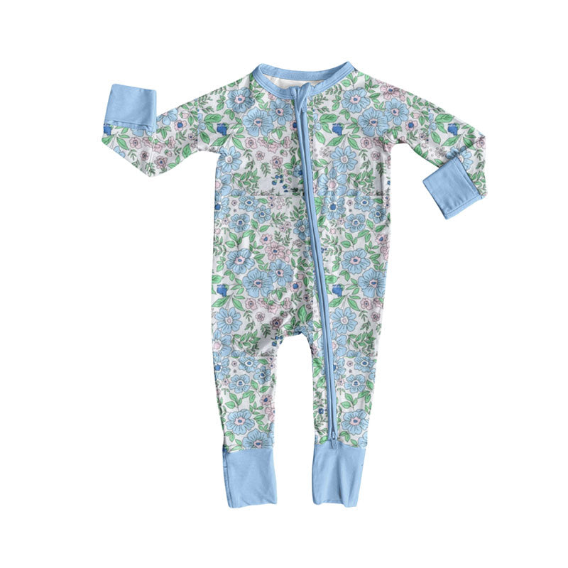 Baby Girls Long Sleeve Blue Pink Flowers Zipper Footie Rompers Preorder