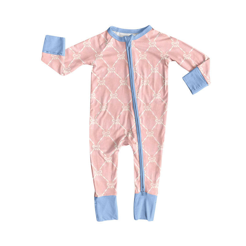 Baby Girls Long Sleeve Pink Bows Checked Zipper Footie Rompers Preorder