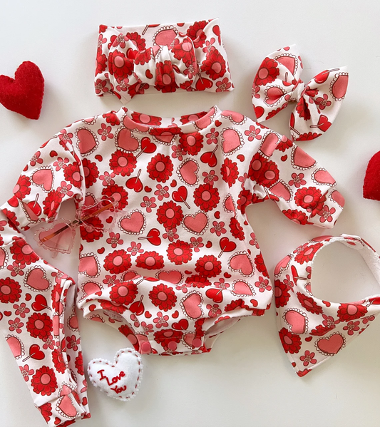 Baby Girls Long Sleeve Red Hearts Flowers Valentines Ruffle Rompers Preorder