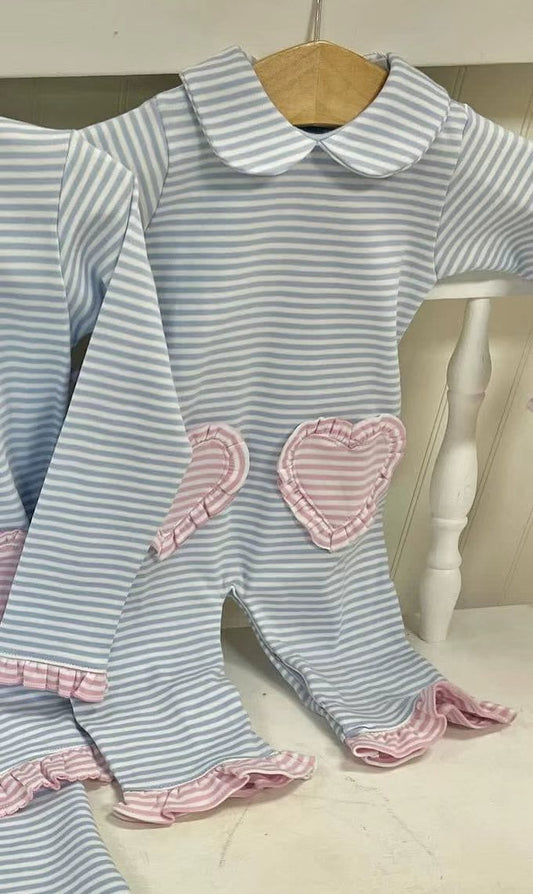 Baby Girls Long Sleeve Blue Stripe Hearts Ruffle Footie Rompers Preorder