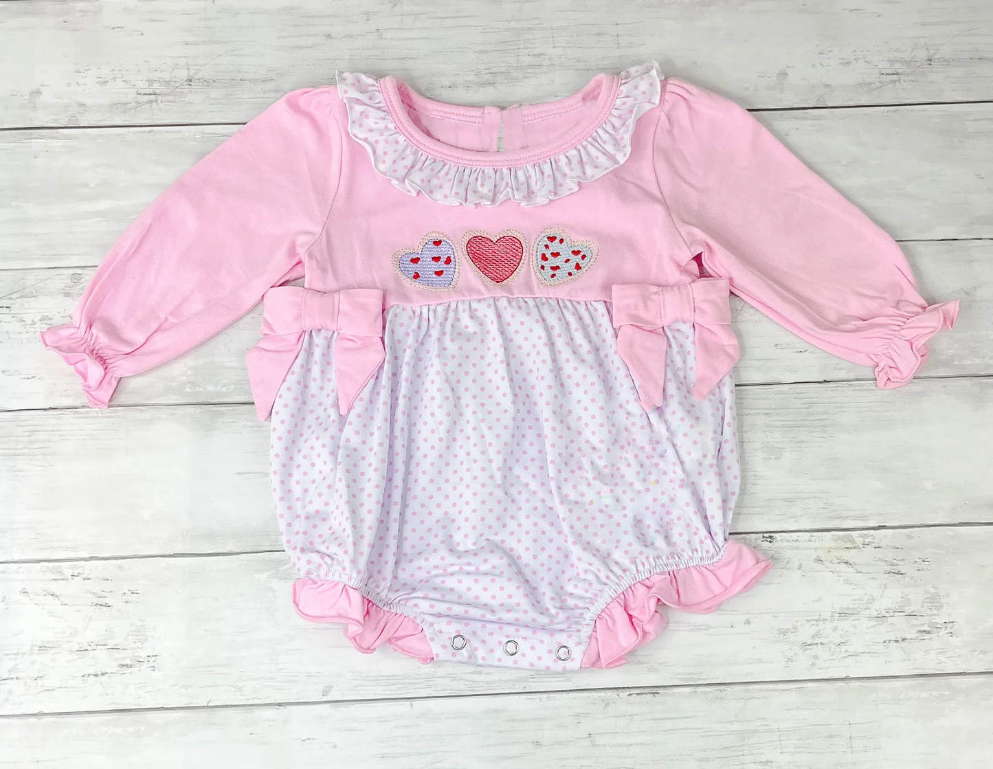 Baby Girls Long Sleeve Hearts Bows Valentine Ruffle Rompers Preorder