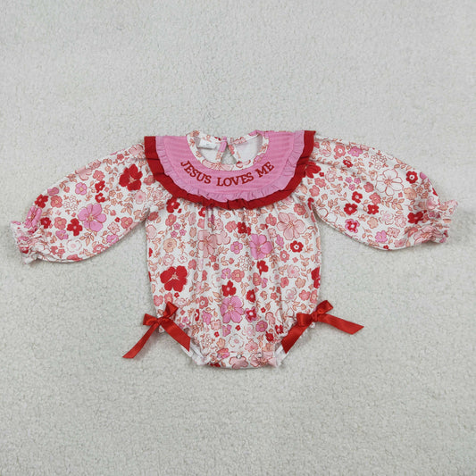 Smocked Jesus Love Me Baby Girls Flowers Ruffle Rompers