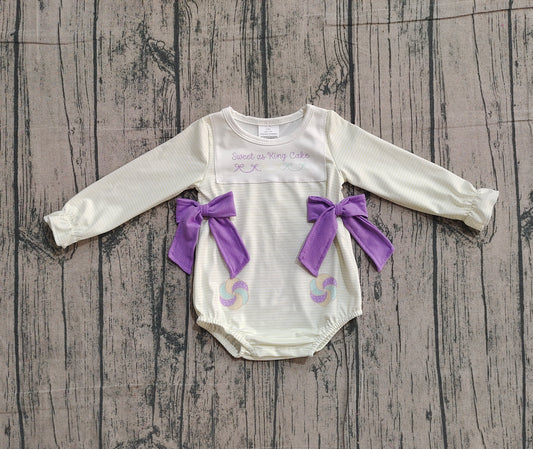 Baby Girls Mardigras Sweet as King Cake Stripe Bows Ruffle Rompers Preorder