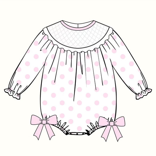 Baby Girls Light Pink Polka Dots Bows Valentine Ruffle Sleeve Rompers Preorder
