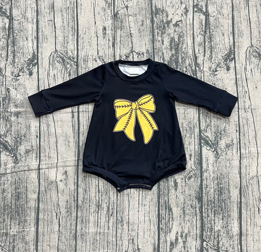 Baby Girls Black Long Sleeve Gold Baseballs Bows Team Rompers