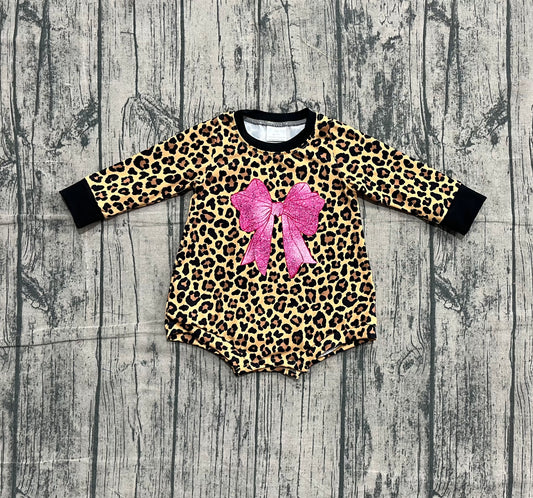 Baby Girls Long Sleeve Leopard Pink Bows Rompers