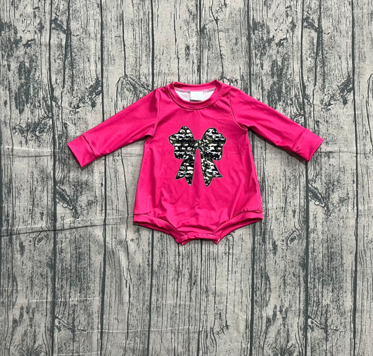 Baby Girls Hot Pink Long Sleeve Olive Camo Bows Southern Rompers