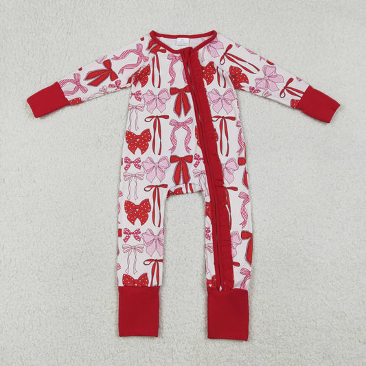 Baby Girls Red Bows Plaid Valentines Two Way Ruffle Zip Convertible Rompers