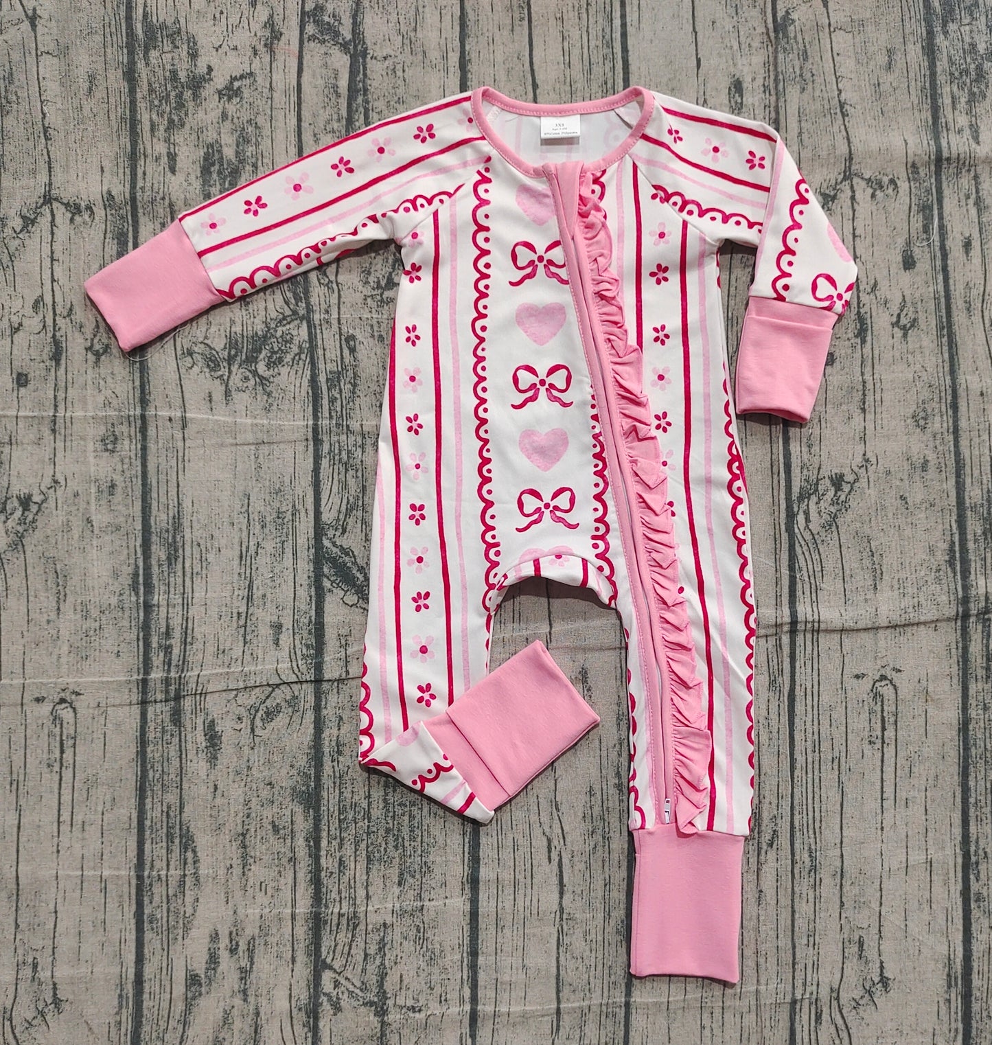 Baby Girls Pink Bows Hearst Stripe Valentines Two Way Ruffle Zip Convertible Rompers
