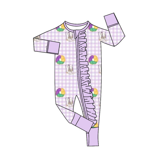 Baby Girls Mardigras Boots Donuts Checked Two Way Ruffle Zip Convertible Rompers Preorder