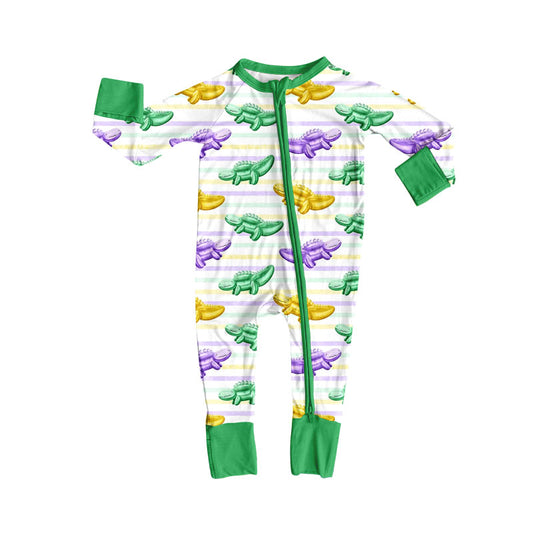 Baby Girls Mardigras Stripes Crocodiles Zipper Footie Rompers Preorder
