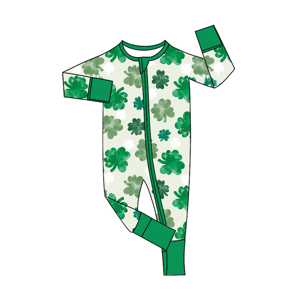 Baby Girls Green Clovers St Patrick Zipper Footie Rompers Preorder