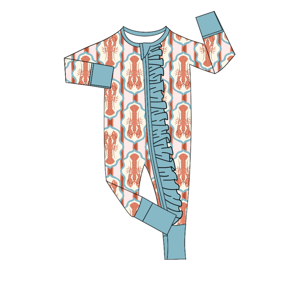 Baby Girls Crayfishes Checked Ruffle Zipper Footie Rompers Preorder