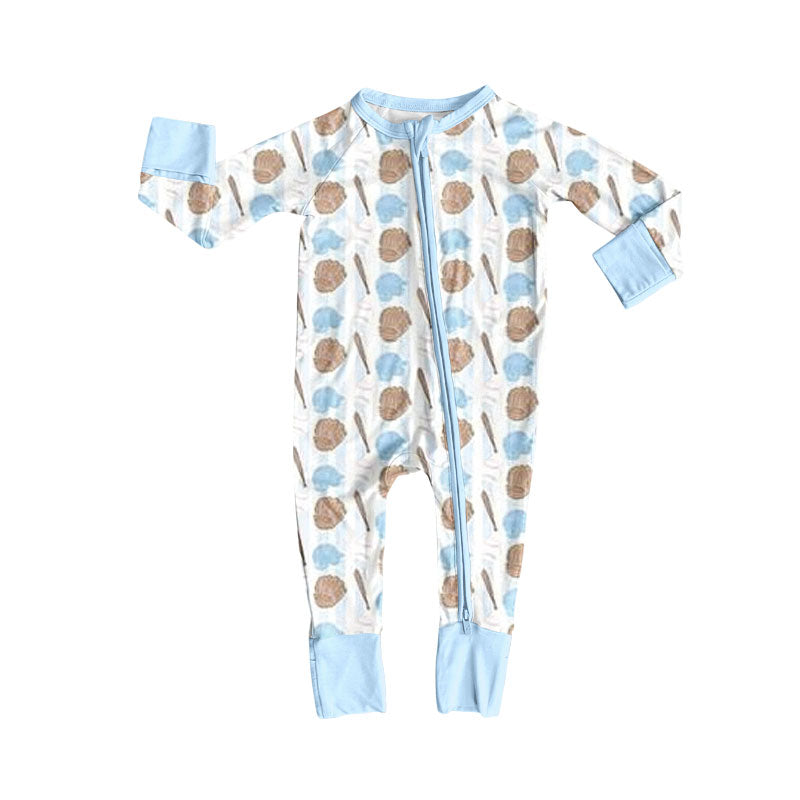 Baby Boys Baseballs Plaid Team Zipper Footie Rompers Preorder