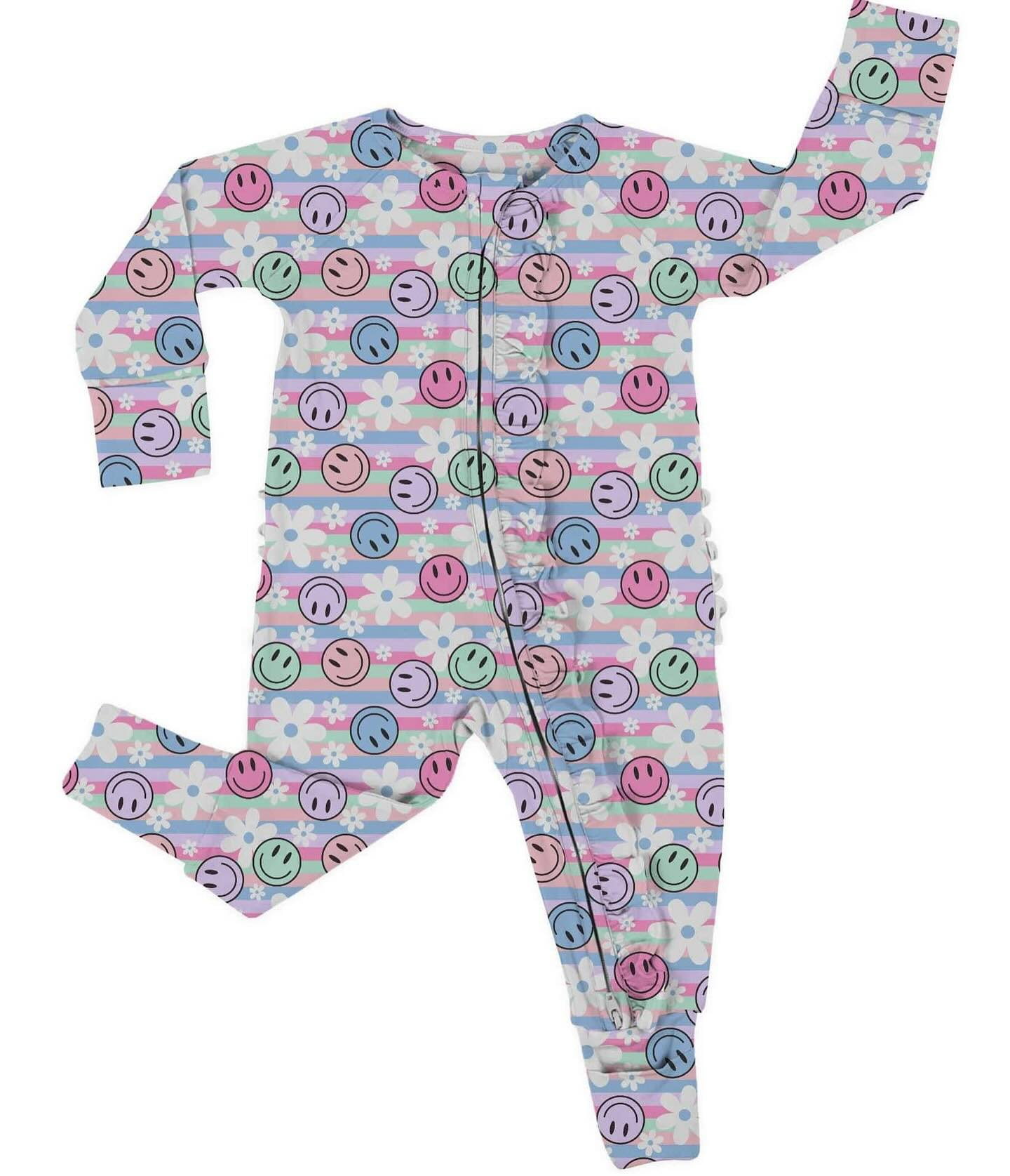 Baby Girls Colorful Stripes Smile Flowers Zipper Rompers Preorder