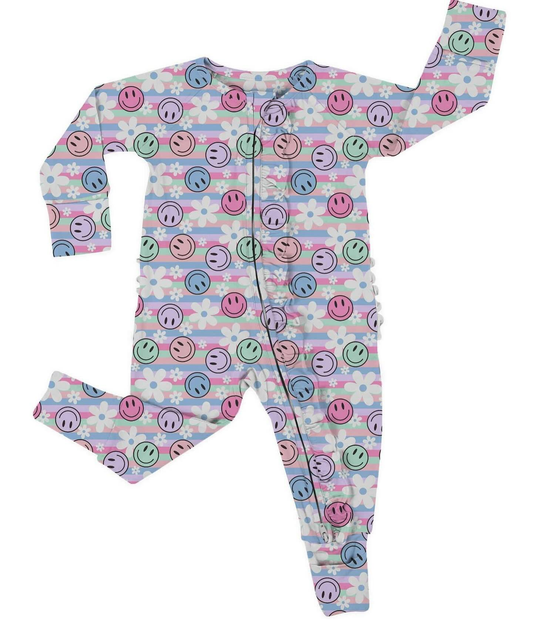 Baby Girls Colorful Stripes Smile Flowers Zipper Rompers Preorder