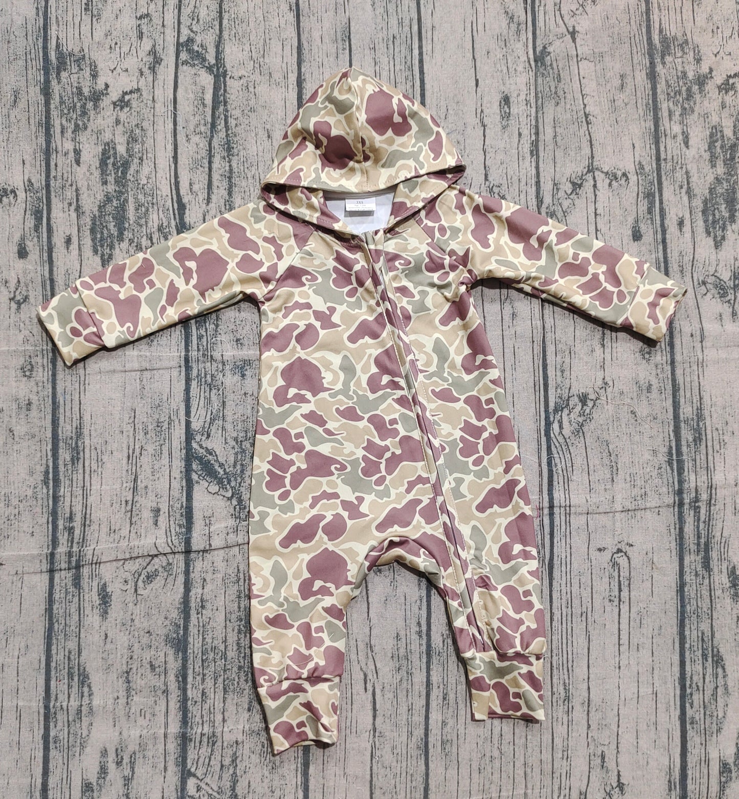 Baby Boys Southern Khaki Camo Two Way Zip Convertible Hoodie Rompers