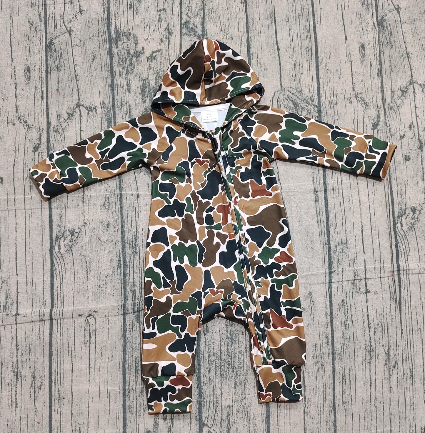 Baby Boys Dark Brown Camo Hoodie Zipper Footie Rompers Preorder