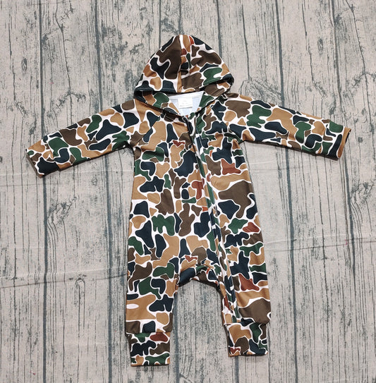 Baby Boys Dark Brown Camo Hoodie Zipper Footie Rompers Preorder