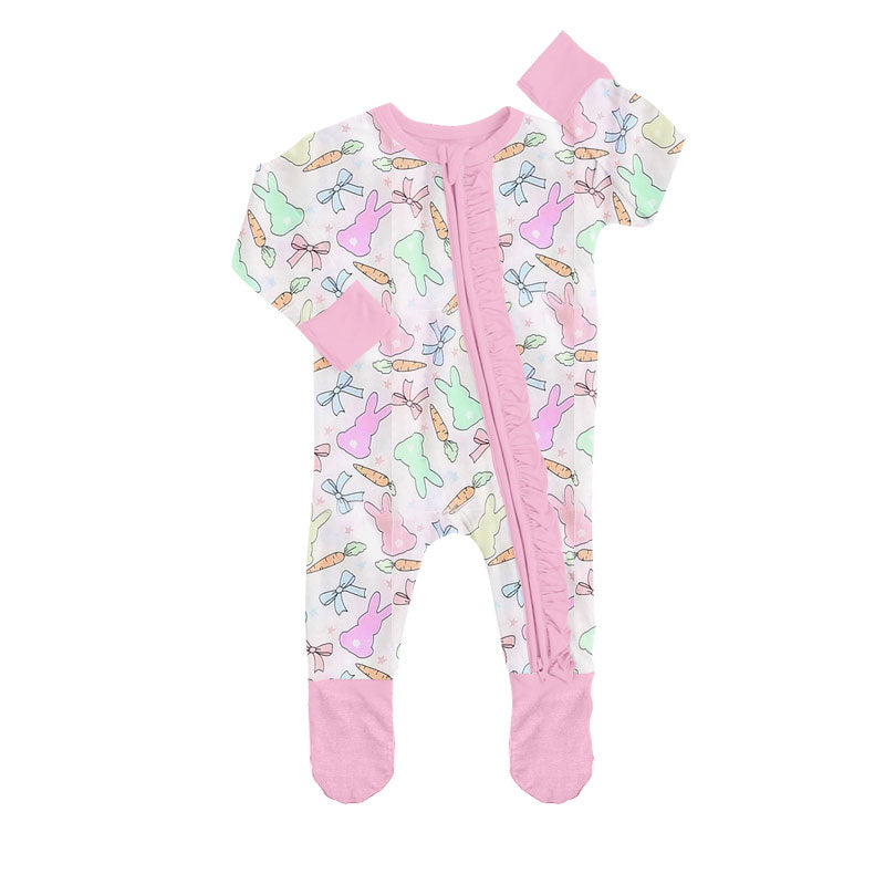 Baby Girls Colorful Rabbits Carrots Easter Ruffle Zipper Footed Rompers Preorder