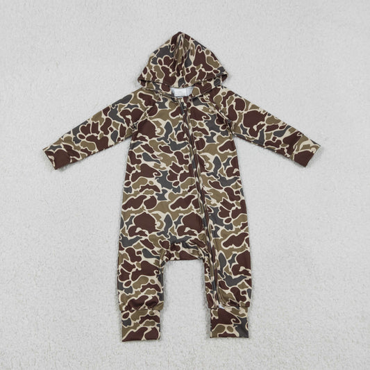 Baby Boys Southern Dark Brown Camo Hoodie Two Way Zip Convertible Rompers