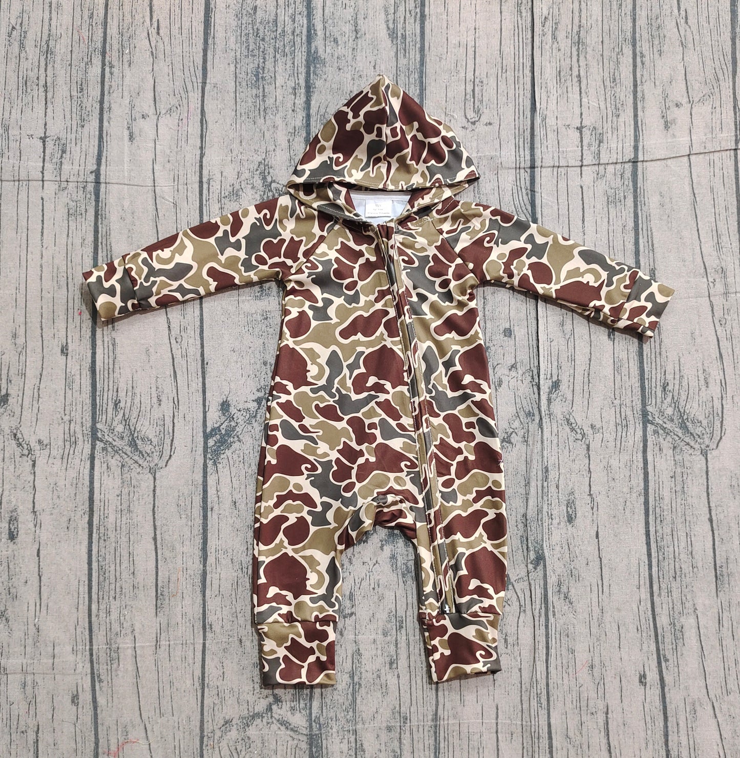Baby Boys Southern Dark Brown Camo Hoodie Two Way Zip Convertible Rompers