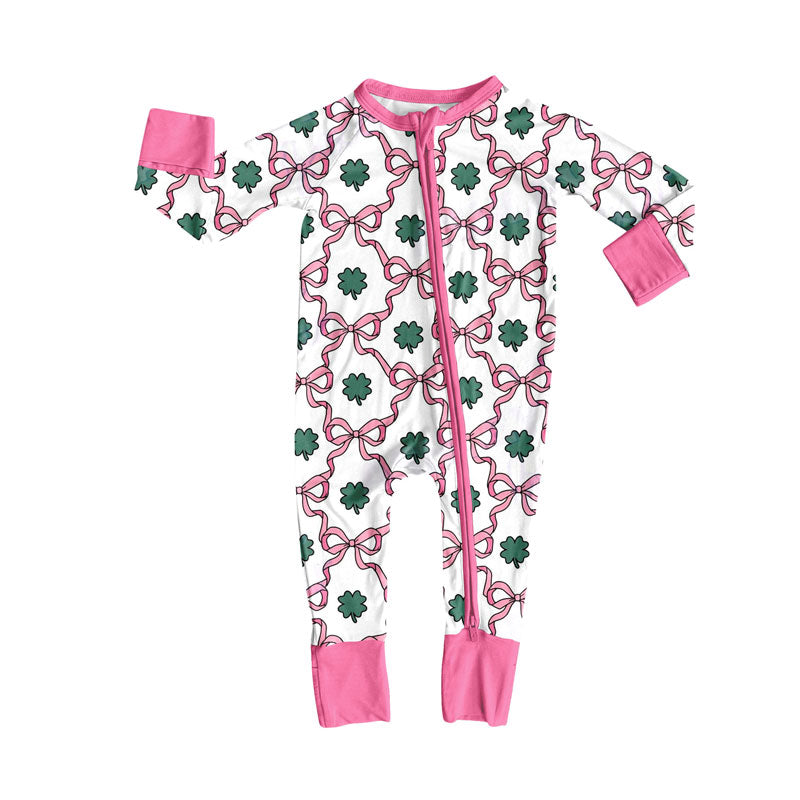 Baby Girls Pink Bows Clovers Checked St Patrick Zipper Footie Rompers Preorder