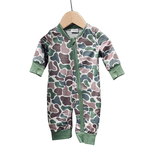 Baby Boys Olive Camo Southern Zipper Footie Rompers Preorder