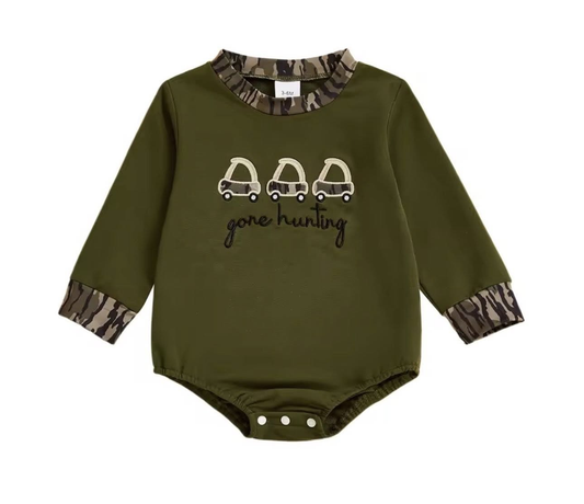 Baby Boys Olive Long Sleeve Gone Hunting Trucks Rompers Preorder